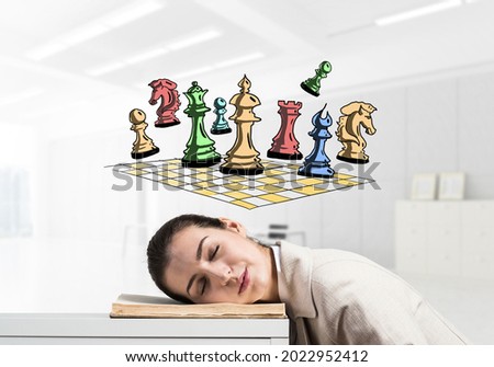 Happy business woman sleeping on desk. Chess figures on chessboard cartoon drawing above head. Smiling female worker in white suit dreaming. Business planning and strategy generation