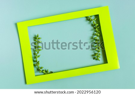 A colored frame decorated with green branches on a colored background of the copy space. Flat ley bright green frame and green decor