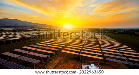 Solar photovoltaic power station in the sunset