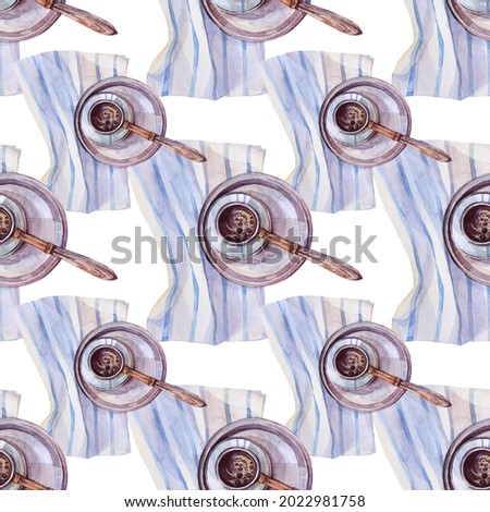 Seamless pattern watercolor turk cezve from above top view on plate with towel. Old metal and wood coffee maker for hot morning aroma beverage on white. Hand-drawn background for menu, cookbook