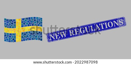 Mosaic waving Sweden flag constructed of round pixels, and grunge New Regulations rectangle stamp seal. Vector round dots are organized into waving Sweden flag collage.