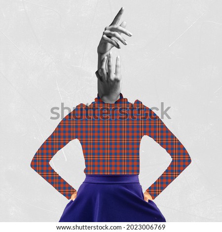 Surreal image. One slim woman in checkered shirt headed with bw hands over grey background. Creative artwork. Concept of vintage fashion, imagination, art.