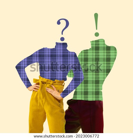 Contemporary art collage. Two young peole, man and woman in checkered retro style clothes posing headed with punctuation marks over yellow background. Concept of vintage fashion, imagination, art.