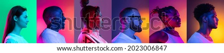 Side view. Collage of young smiling people, men and women isolated over multicolored neon backgrounds. Concept of emotions, facial expression, fashion, beauty Royalty-Free Stock Photo #2023006847