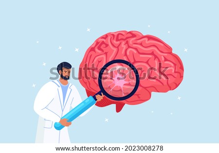 Scientist or Doctor holding magnifying glass with nerve cell. Diagnostics and Brain research. Chemical Experiment. Psychology and Neurology. Physician teaching about alzheimer, dementia disease