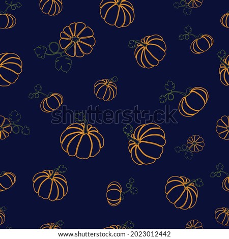 A pattern with linear pumpkins on a dark background.For decorating fabrics and surfaces,for printing brochures, posters, parties, vintage textile design, postcards, wallpaper or packaging.