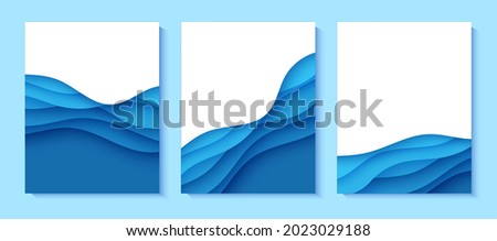 Set of flyers with blue waves in paper cut style. Collection of three papercut art empty banners for environment or World Water day. Vector advertising poster template for Save the Oceans day 8 june
