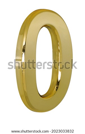 metallic gold platting 0 zero number or o character photo isolated on white background. This has clipping path.                               