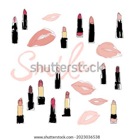 Vector hand drawn graphic fashion sketch lipstick. Trend colored glamour fashion illustration in vogue style. Isolated elements on white background. Vector illustration