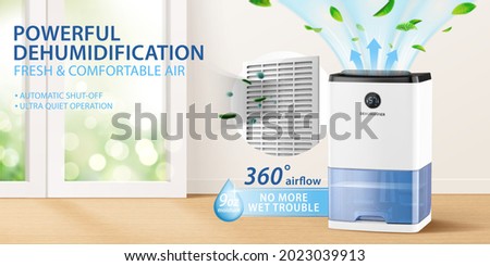 Ad banner design for dehumidifier or air purifier. 3d illustration of house appliance purifying air for house living room. Concept of allergy or covid prevention. Royalty-Free Stock Photo #2023039913
