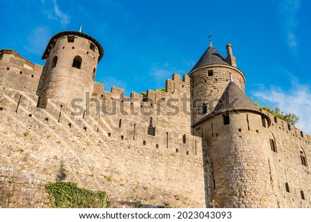 Low angle view of La Cite Medievale de Carcassonne in France. UNESCO World Heritage Site. 