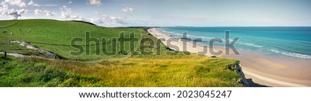 Panorama view at cap blanc-nez at pas-de-calais in Northern France. View on the beach and Wissant. Beautiful landscape. Royalty-Free Stock Photo #2023045247