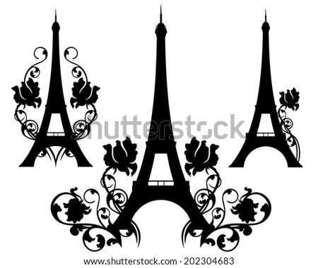 eiffel tower silhouette design set - symbol of Paris and France among rose flowers