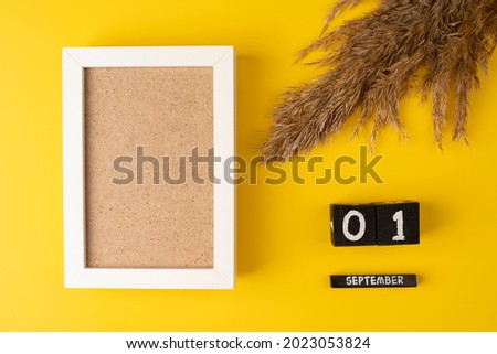 Wooden calendar with 1st September and pampas dry grass on yellow background with empty white frame