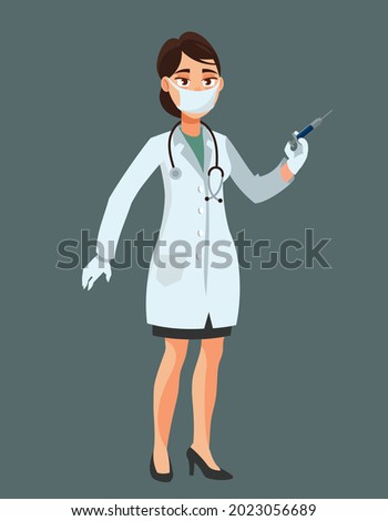 Female doctor holding syringe. Woman in cartoon style.