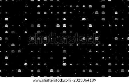 Seamless background pattern of evenly spaced white hamburger symbols of different sizes and opacity. Vector illustration on black background with stars