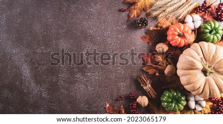 Autumn and Thanksgiving background decoration from dry leaves,red berries and pumpkin on dark stone background.