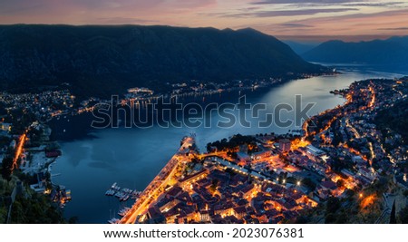 Evening view of the Kotor bay from the fortress, Montenegro, Balkans, Europe