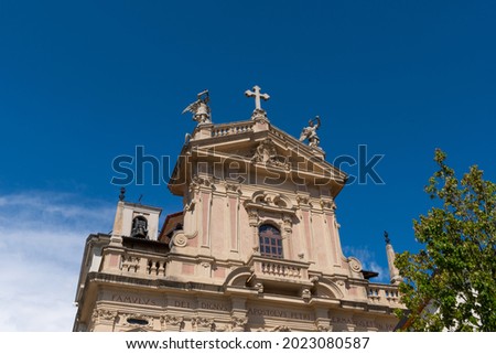 Brunate, Como, Lombardy, Italy. July 14, 2021. Editorial picture of the church Chiesa di Sant’Andrea Apostolo, in Brunate - a small village above the city of Como. It is a beautiful sunny summer day