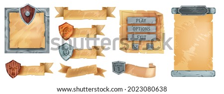 Game ribbon parchment UI set, vector ancient paper menu frame kit, isolated old papyrus banner. User interface medieval manuscript sign board, wooden shield, stone button. Game parchment badge  Royalty-Free Stock Photo #2023080638