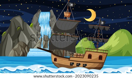 Ocean with Pirate ship at night scene in cartoon style illustration