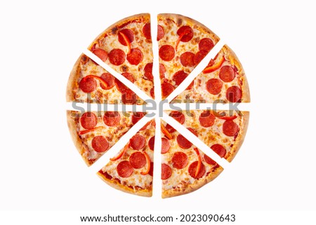 Pizza with pepperoni cut into pieces on a white plate, isolate
