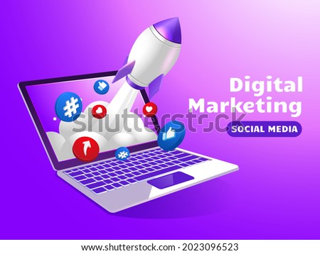 Digital marketing rocket boost social media with laptop