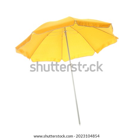 Open yellow beach umbrella isolated on white Royalty-Free Stock Photo #2023104854