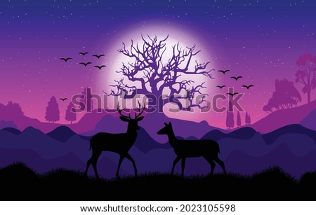 Vector illustration of deer moon and forest desktop wallpaper. Two deer walking in the forest and some birds are flying in the sky.