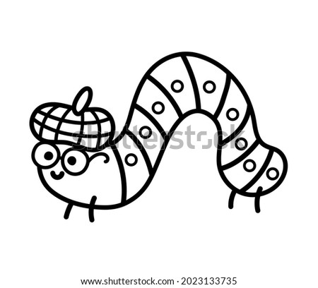 Vector black and white crawling caterpillar in pumpkin hat and glasses. Funny woodland insect line icon. Cute book worm outline illustration. Autumn or Thanksgiving Day bug
