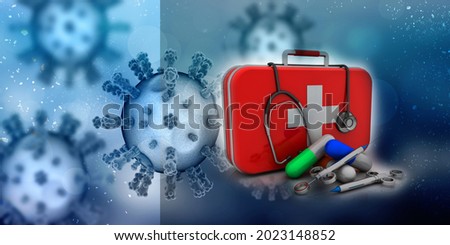 3d rendering First aid kit with stethoscope near Syringe with pill
