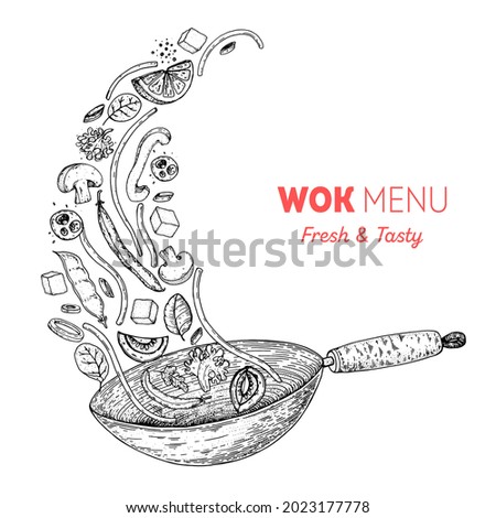 Wok pan and ingredients for wok sketch. Hand drawn vector illustration. Asian food. Noodles, meat, pepper and other ingredients. Asian cuisine. Royalty-Free Stock Photo #2023177778