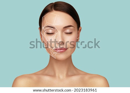 Golden ratio female face portrait. Personalized skincare concept. Face symmetry Royalty-Free Stock Photo #2023183961