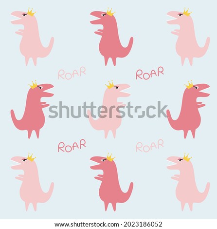 Girly pink dinosaur animal pattern with roar lettering text on baby blue background. Vector illustration for wallpaper,book cover,print,banner,backdrop,textile,fabric,children apparel