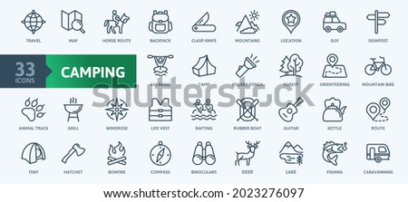 Domestic tourism, local tour, camping -  thin line web icon set. Outline icons collection. Simple vector illustration. Royalty-Free Stock Photo #2023276097