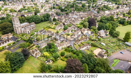 Small village in Cotswold from above on a rainy day