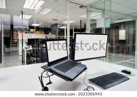 workspace interior with computer on white table, modern workplace