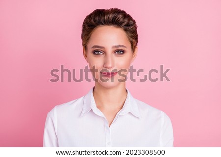 Photo of cute blond young lady wear white shirt isolated on pink color background