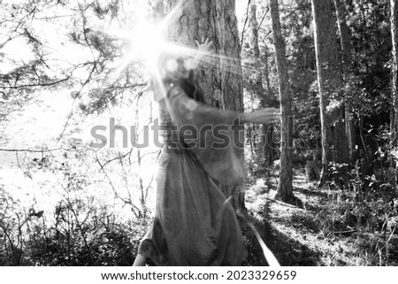 Medieval woman in motion walking by a misty early morning lake. Green Witch or Shamanic story. Royalty-Free Stock Photo #2023329659