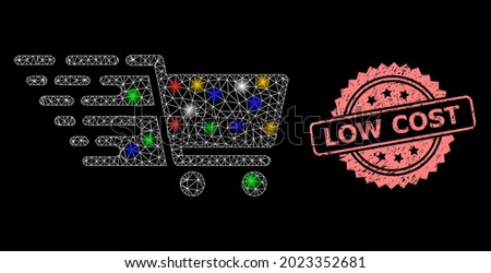 Glowing mesh net supermarket cart with bright dots, and Low Cost unclean rosette seal. Illuminated vector mesh created from supermarket cart symbol.