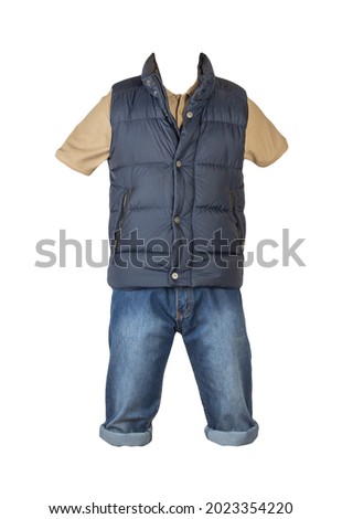 denim dark blue shorts,beige t-shirt with collar on buttons and dark blue jacket without sleeves isolated on white background