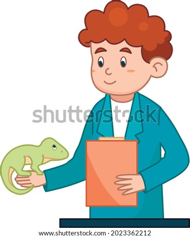 Vector Illustration On White Background. Male Veterinarian Doctor With Pet. Character In Blue Robe Holding Document Folder And Iguana. Animal Healthcare Concept