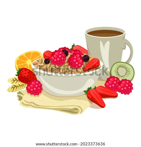 Tasty porridge with berries in a bowl, cup of coffee, raspberries, kiwi, orange and ears. Breakfast on napkin. Health food illustration. Good morning. Flat style.