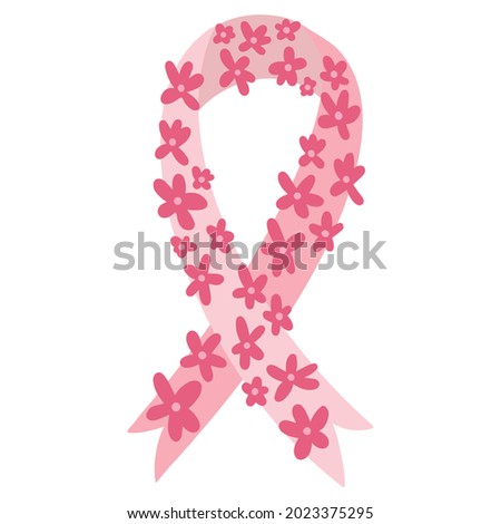 Pink ribbon - breast cancer awareness symbol emblem silhouette decorated with hand drawn bright simple flowers. Cancer oncology survivor, never give up, hope concept. Vector illustration isolated.