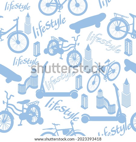 Silhouettes of spirit wheeled vehicles and high-rise buildings   pattern.Bicycles , scooters and skateboards alternate with houses and typography.Vector seamless  fashionable template.