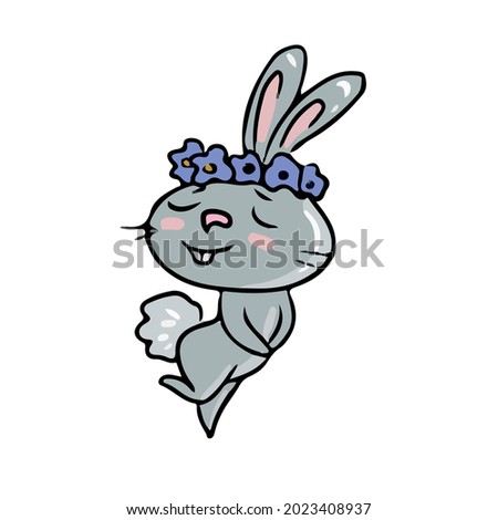 Vector design on a white isolated background for postcards, banners, stickers .Funny bunny with a wreath of flowers on his head