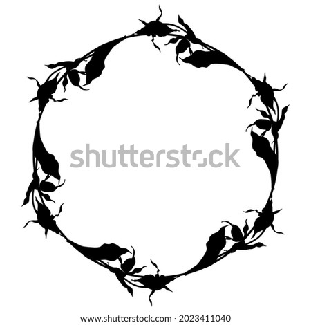 Round floral frame. Wreath of Lady's slipper flower branches. Wild orchid. Cypripedium calceolus. Black silhouette on white background.