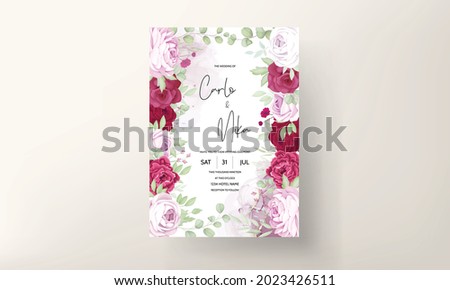 Romantic red and pink floral wedding invitation template with alcohol ink background