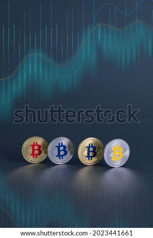 Bitcoin currency. Crypto coin with growth chart. International stock exchange.