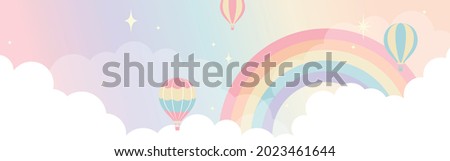 vector background with hot-air balloons and a rainbow in the sky for banners, cards, flyers, social media wallpapers, etc. Royalty-Free Stock Photo #2023461644